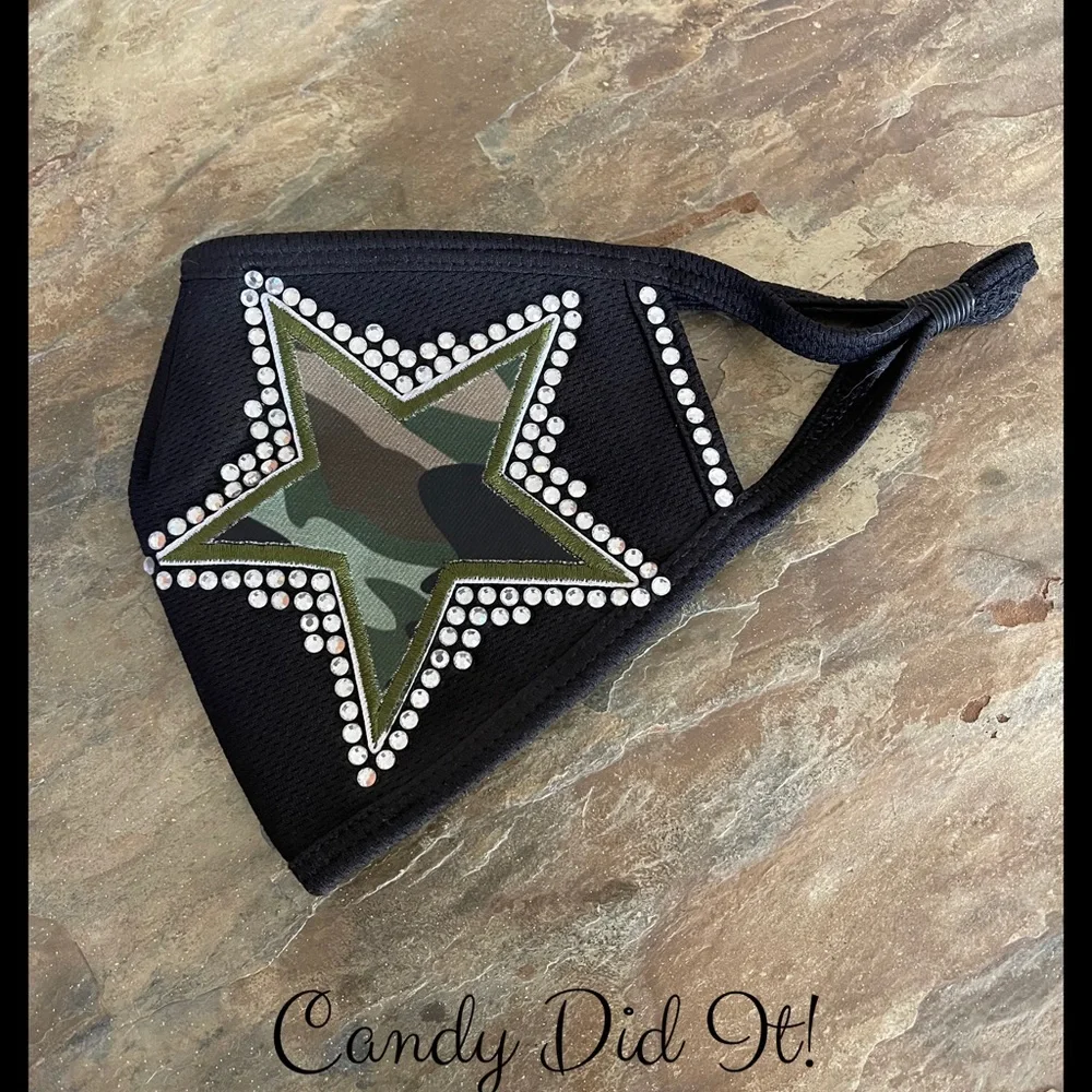 NWT Handmade Candy Did It! Camouflage Bling Star Black Double Layer Face Mask